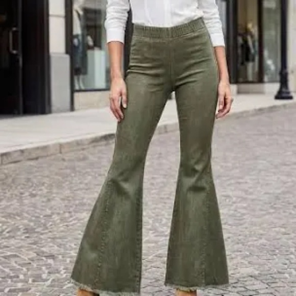 🌹Newbury Kustom • SUPER FLARE HIGH WAIST PULL ON Olive Green JEANS •